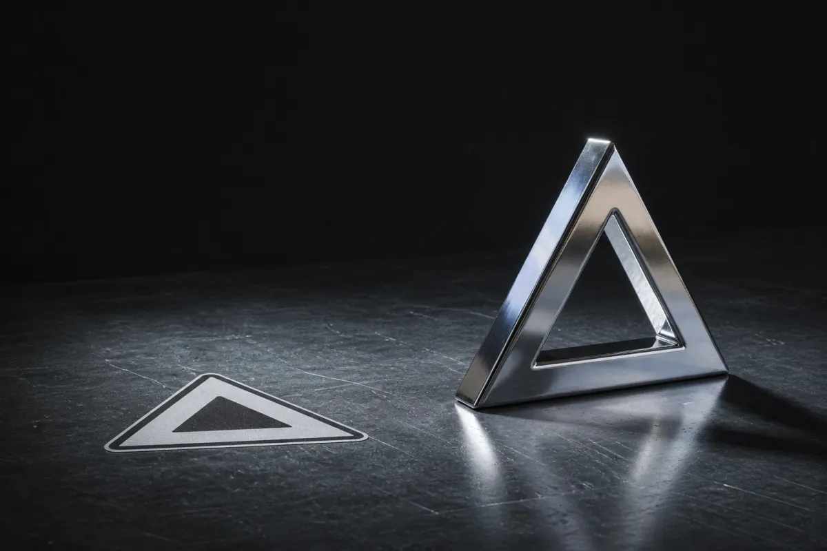 Una pegatina impresa plana con una marca en forma de triángulo junto a la misma marca trazada y extruida como logo 3D cromado