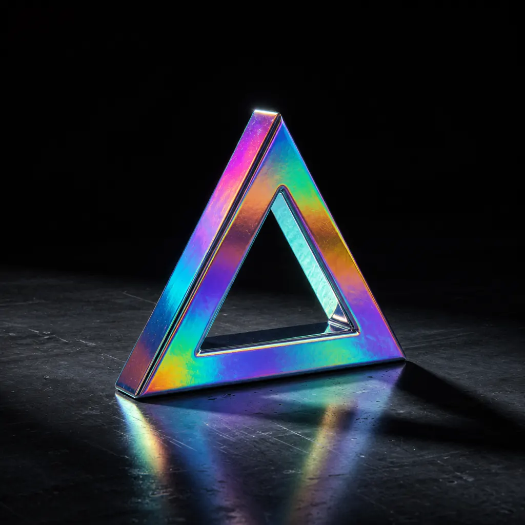 Un logo 3D holográfico iridiscente cuyo color pasa del magenta al cian y al verde a lo largo de sus bordes biselados