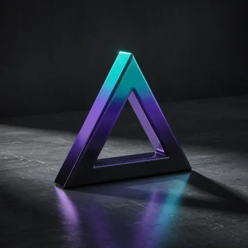 Un logo 3D con degradado que pasa del negro al violeta y al verde azulado