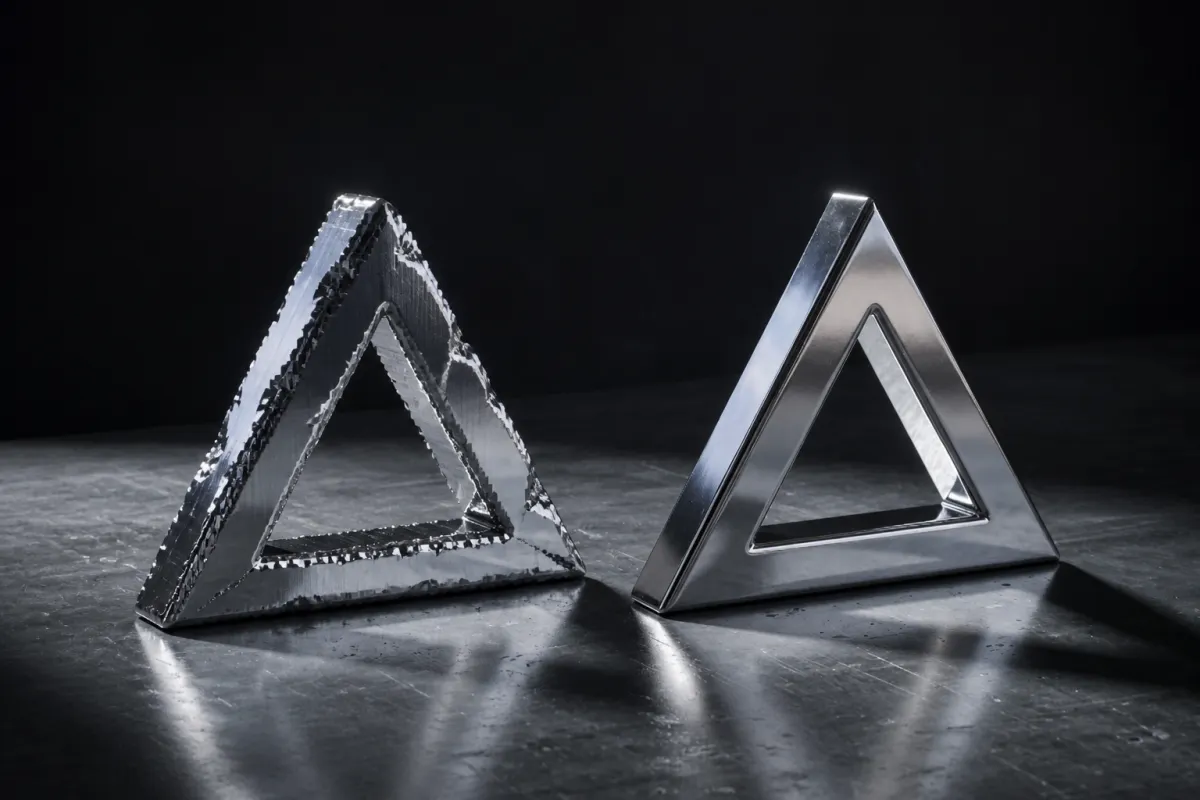 Un logo 3D creado a partir de una mala vectorización, con bordes dentados en escalera y esquinas astilladas, junto a la misma marca con bordes rectos y limpios