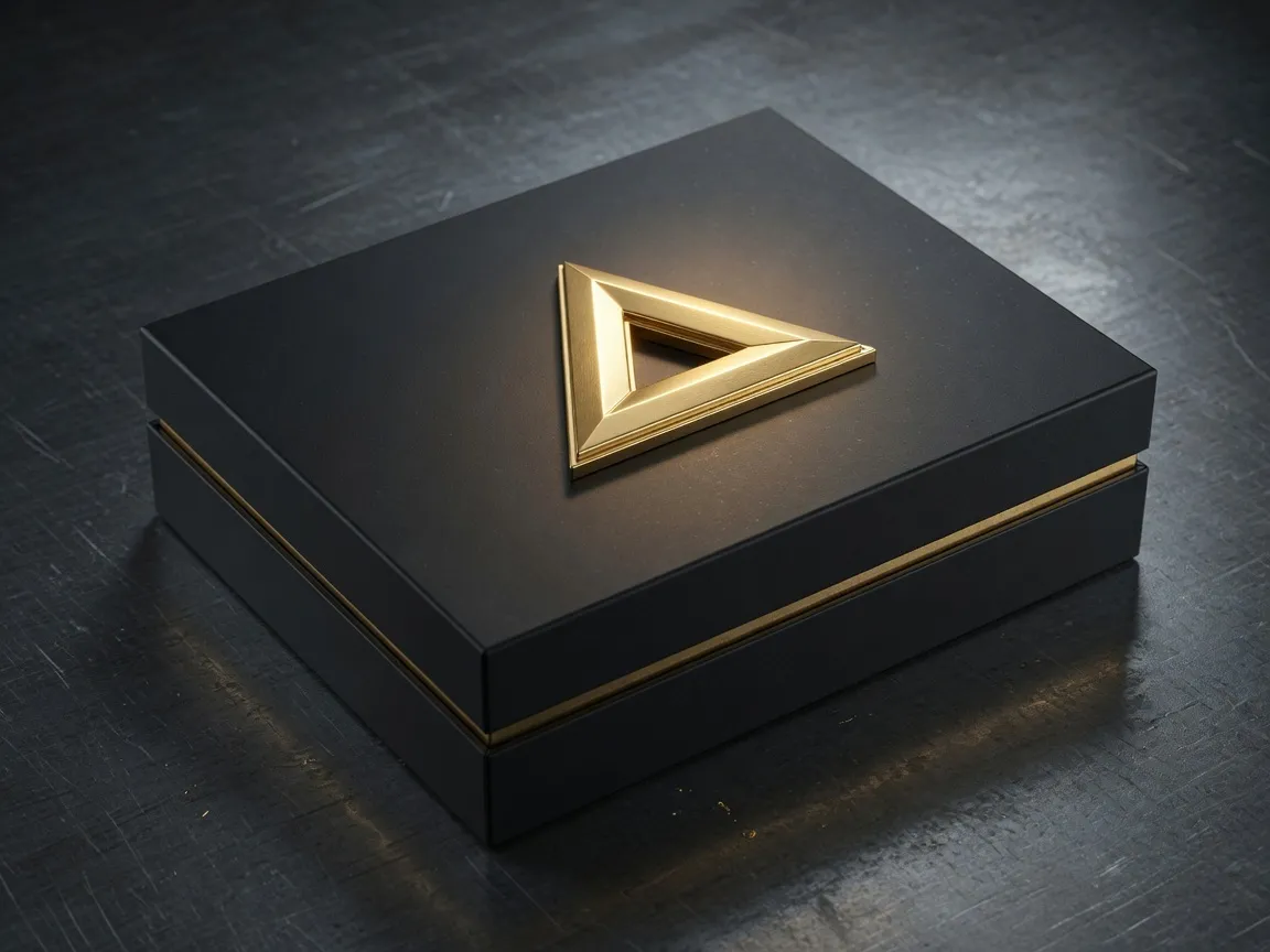 Emblema triangular 3D en oro sobre una caja negra