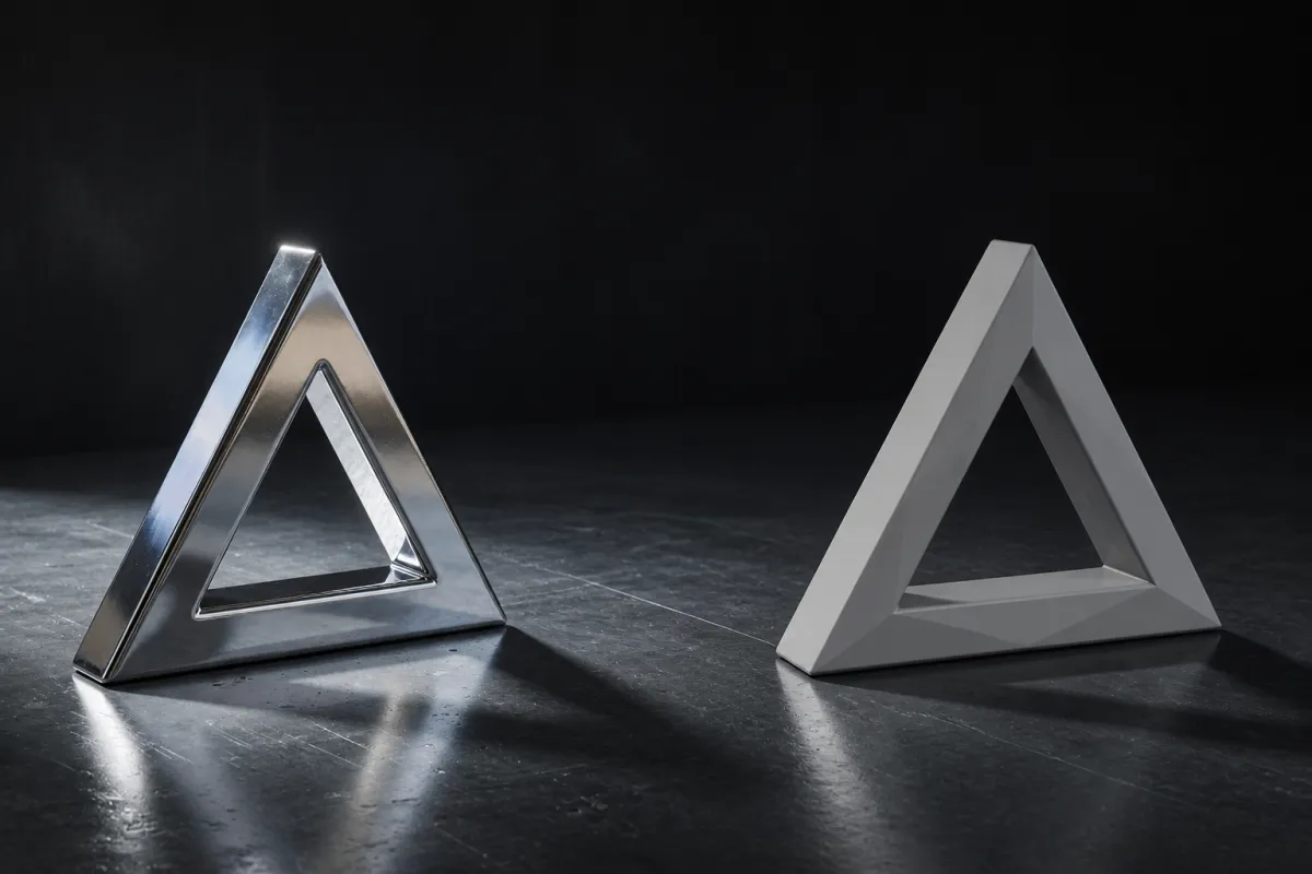 El mismo logo 3D dos veces: a la izquierda con el material cromado completo y a la derecha como geometría facetada y sin textura, después de que una conversión le quite el material