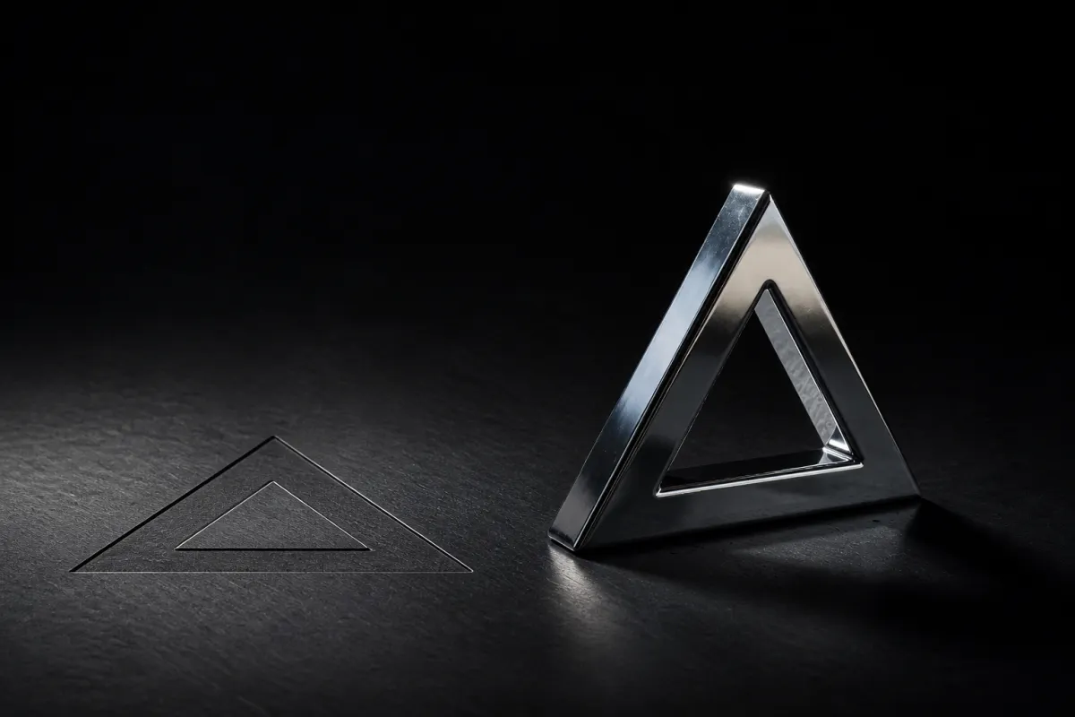 Un logo grabado como contorno plano de un solo color en metal oscuro, junto a la misma marca como render 3D cromado y brillante